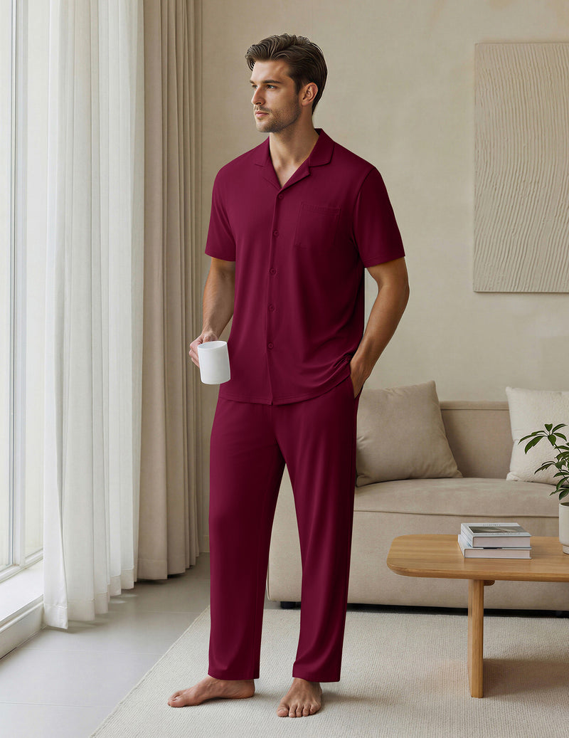 Ekouaer Mens Classic Button-Down Short Sleeve Pajamas Long Pants Set