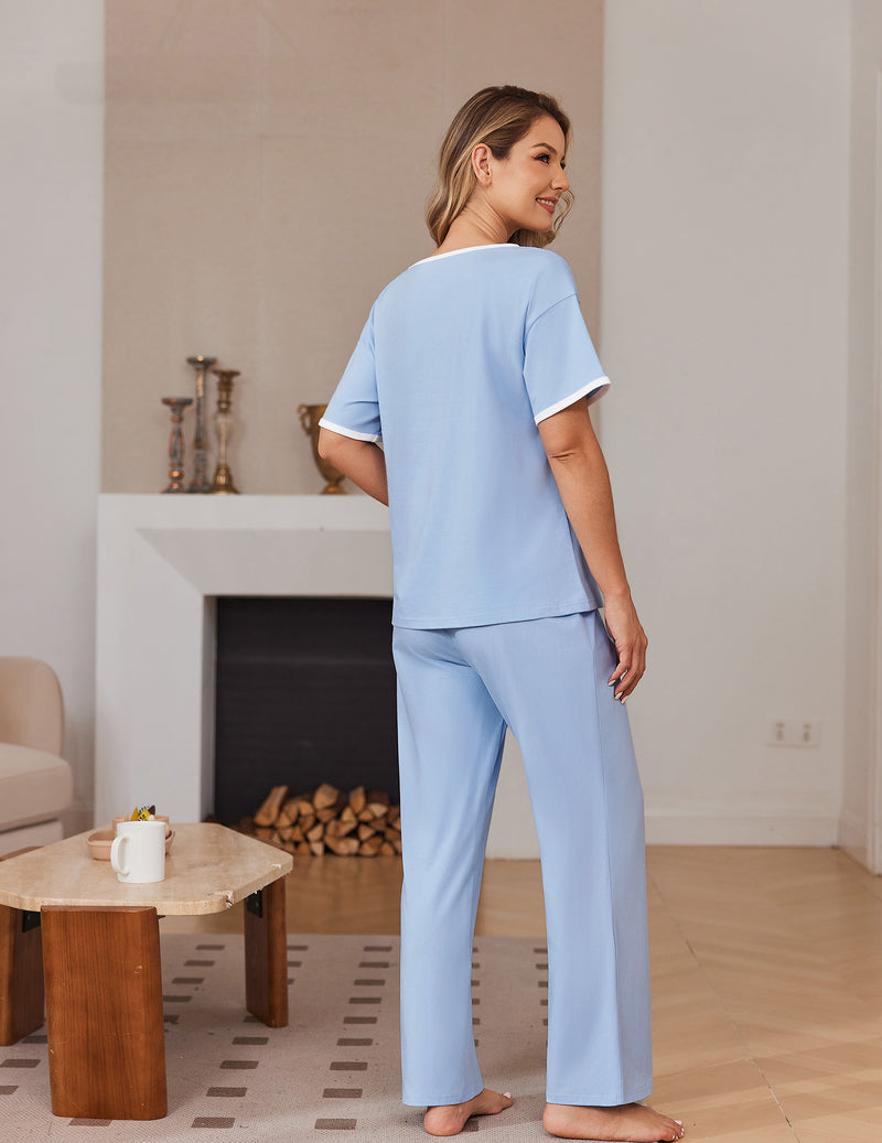 100% Cotton Pajama Set Short Sleeve Pj Top With Long Pants