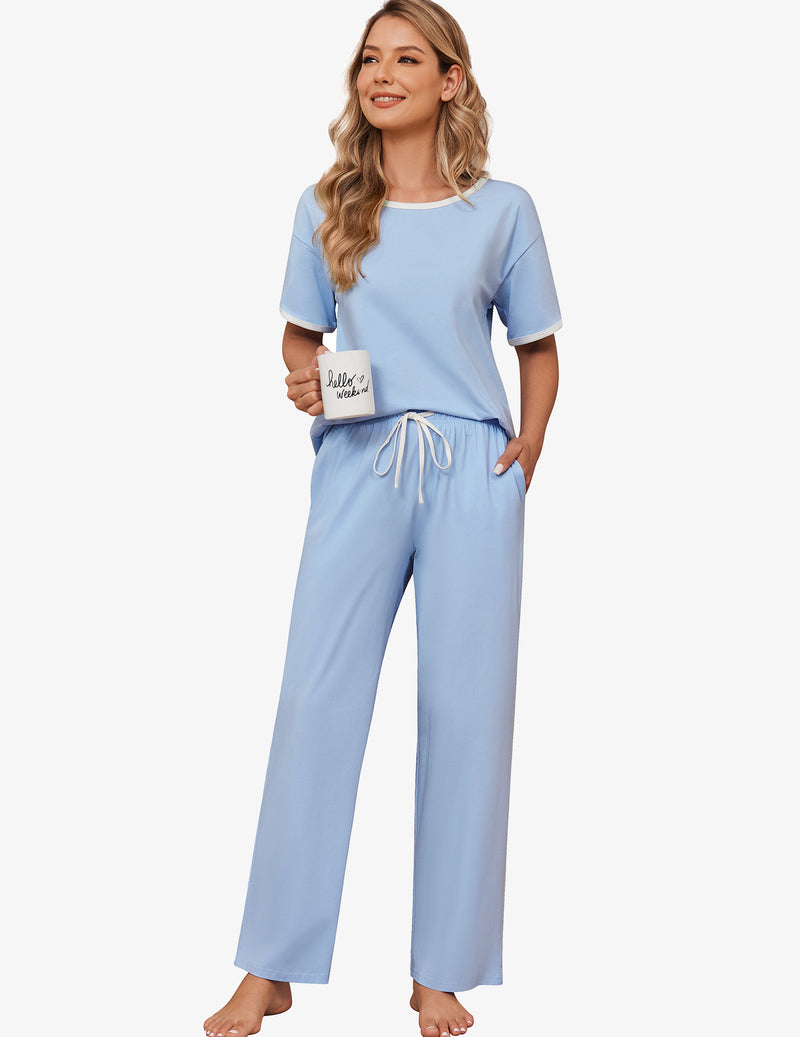 100% Cotton Pajama Set Short Sleeve Pj Top With Long Pants
