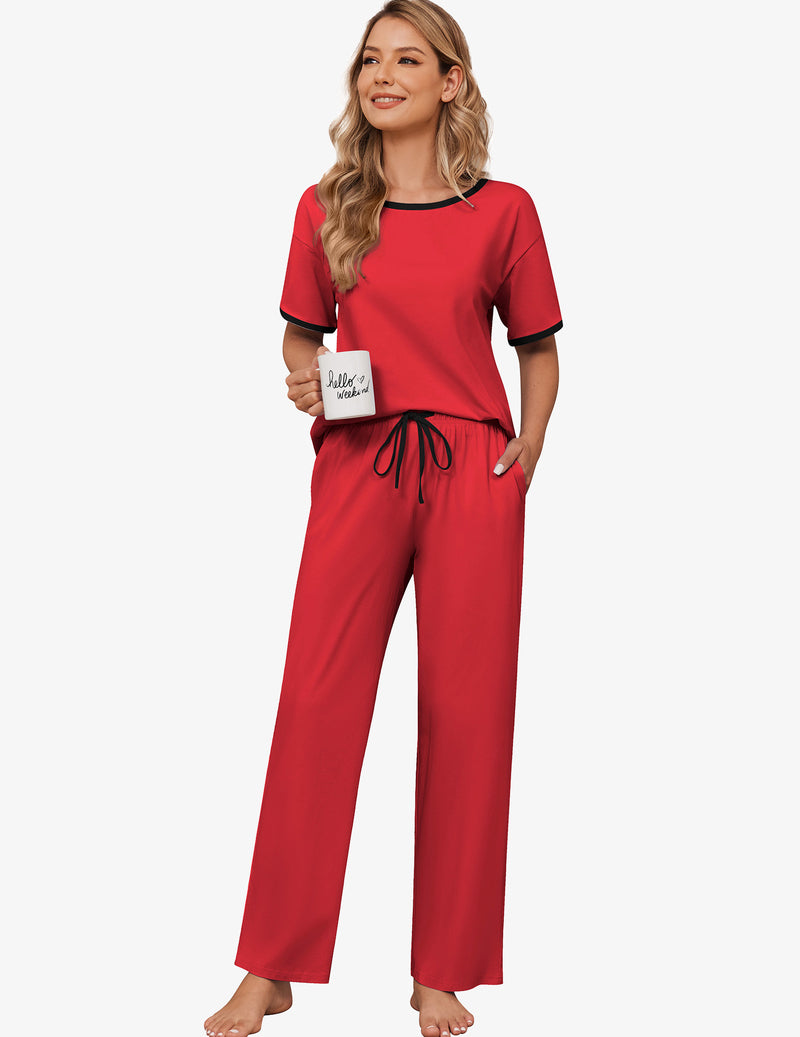 100% Cotton Pajama Set Short Sleeve Pj Top With Long Pants