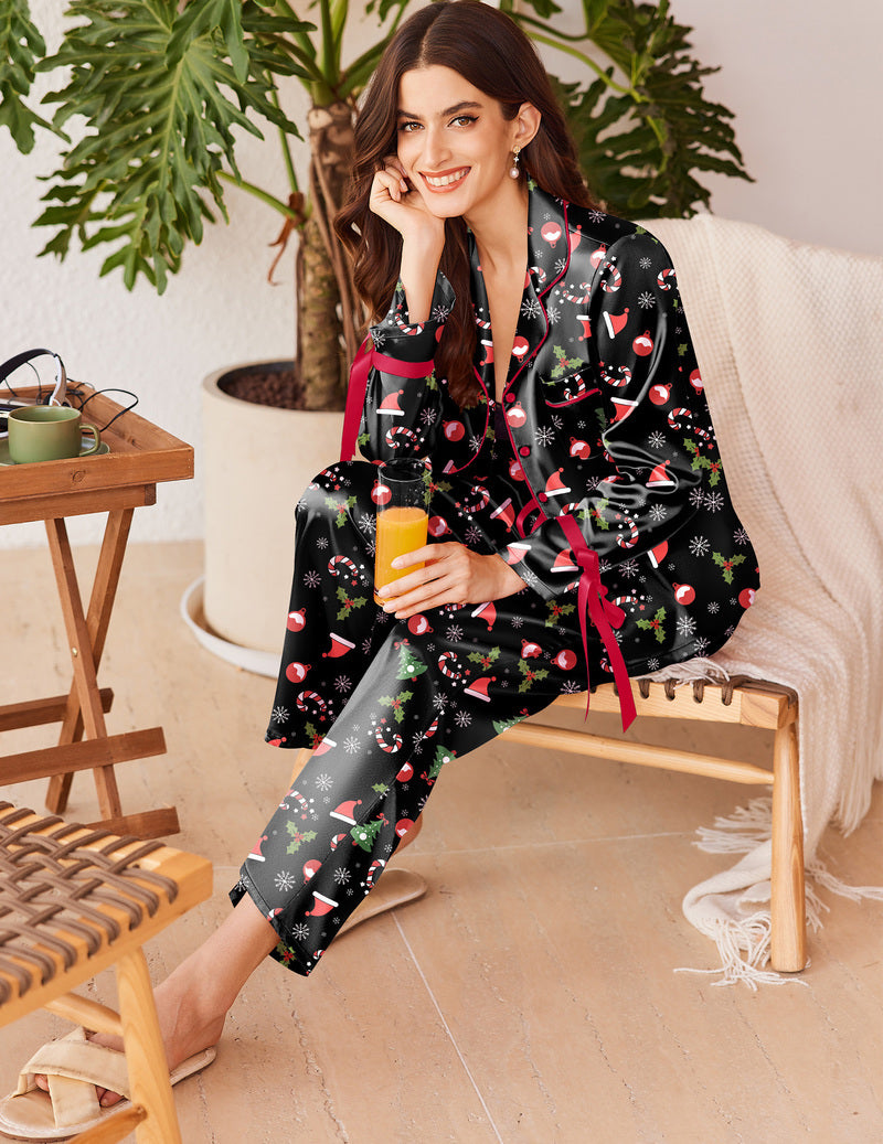 Button Down Long Satin Pajamas Set Fancy Loungewear