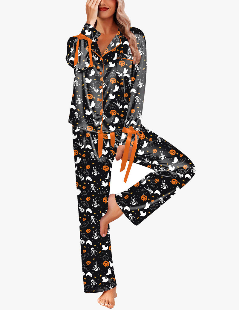 Button Down Long Satin Pajamas Set Fancy Loungewear