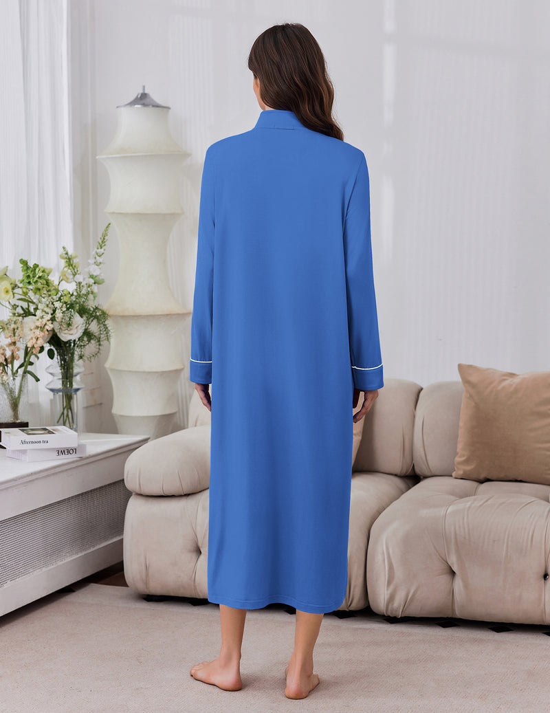 Long-sleeve zip-front robe in blue, back view