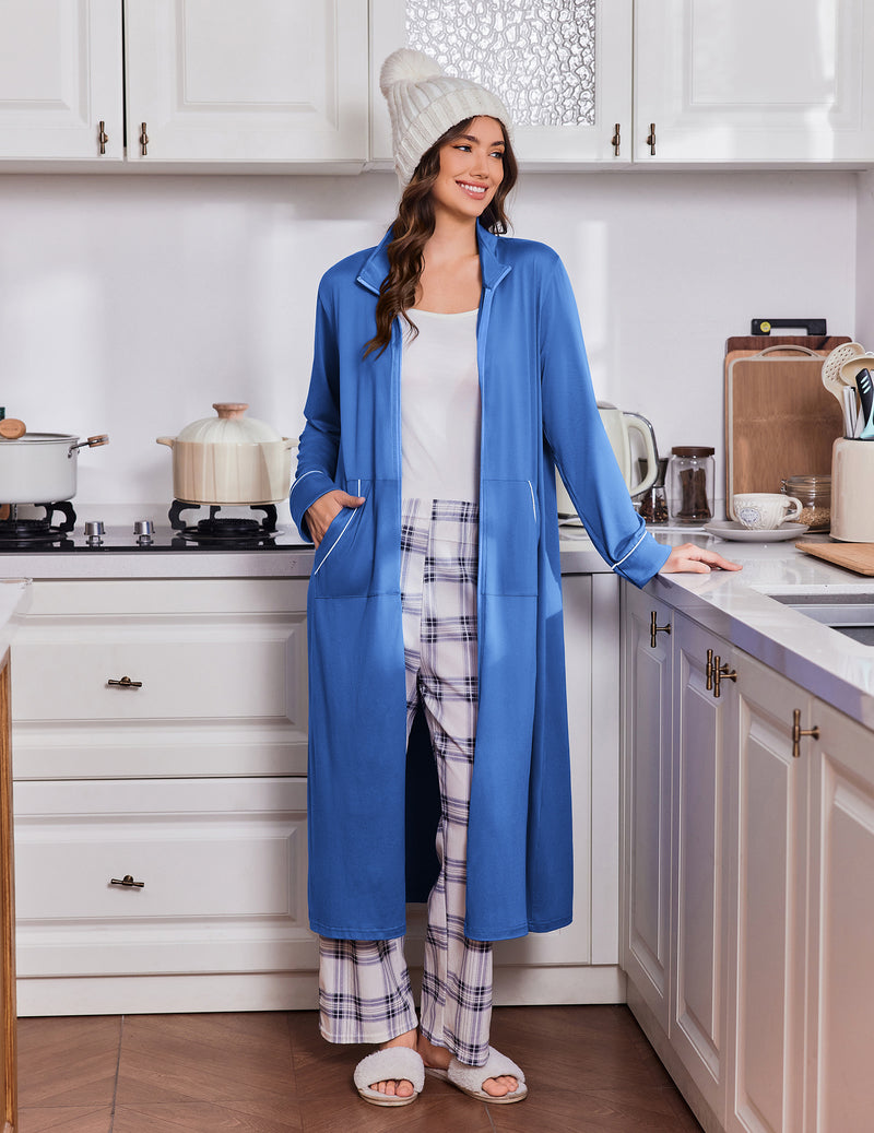 Long-sleeve zip-front robe in blue with pockets and tie waist