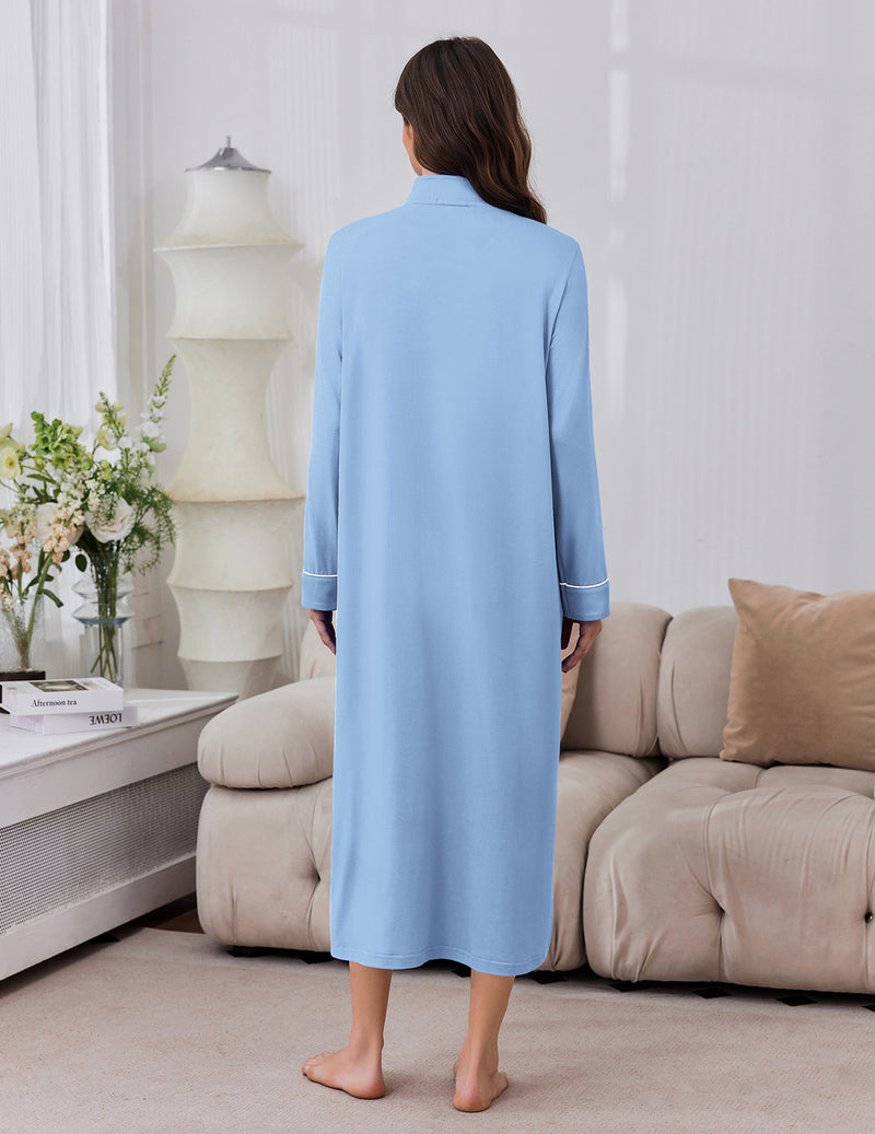 Long-sleeve zip-front robe in blue, back view