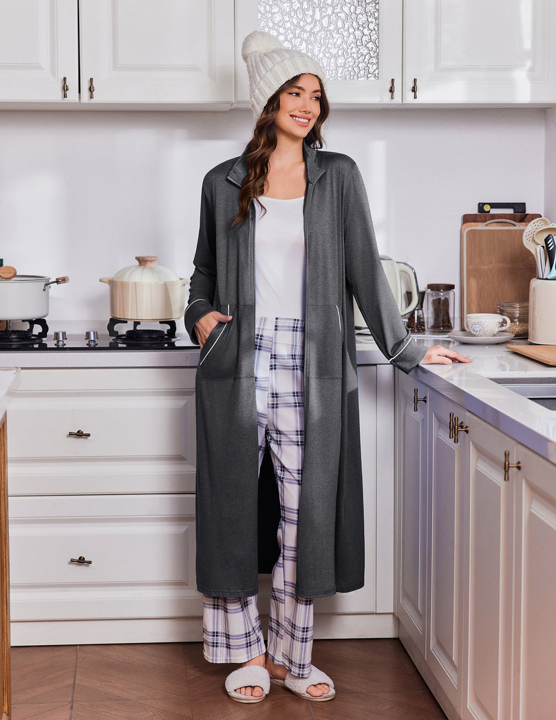 Long-sleeve zip-front robe in dark gray, back view