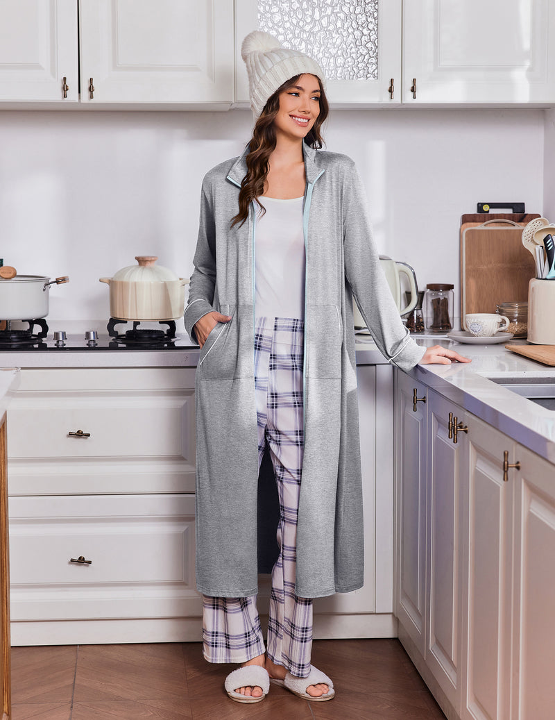 Light gray zip-up long-sleeve robe with pockets, open front and long hem