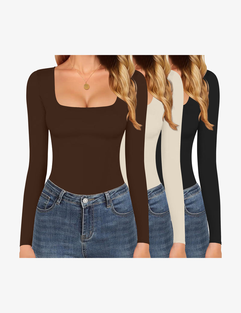 3 Pack Long Sleeve Shirts Square Neck Basic Tops
