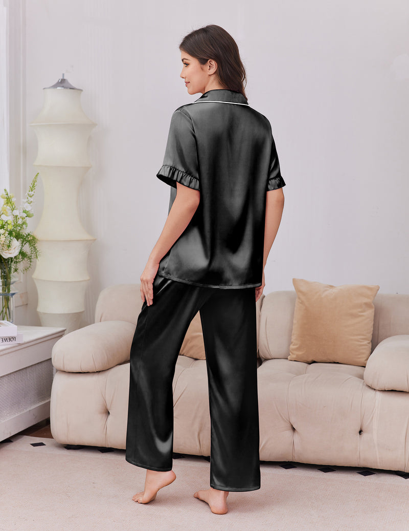 Silk-satin pajama set in black with short-sleeve button shirt and wide-leg pants