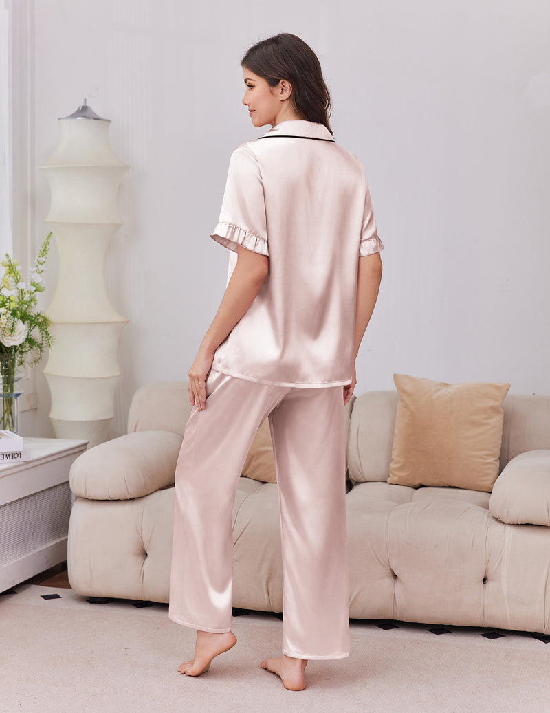 Silk-satin pajama set in light pink with short-sleeve button shirt and wide-leg pants