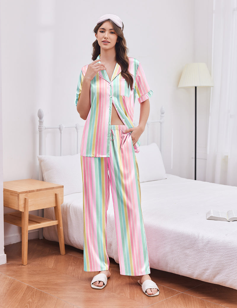 Pastel striped satin pajama set with short-sleeve button top and wide-leg pants