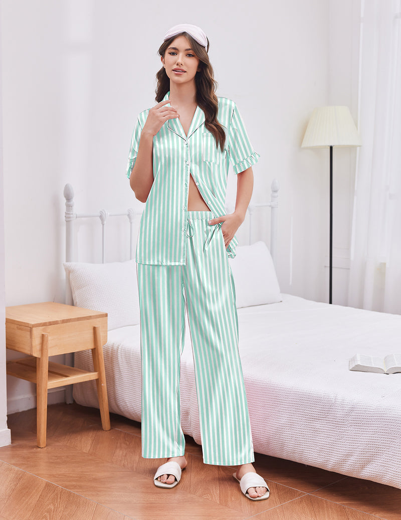 Mint striped satin pajama set with short-sleeve button top and wide-leg pants
