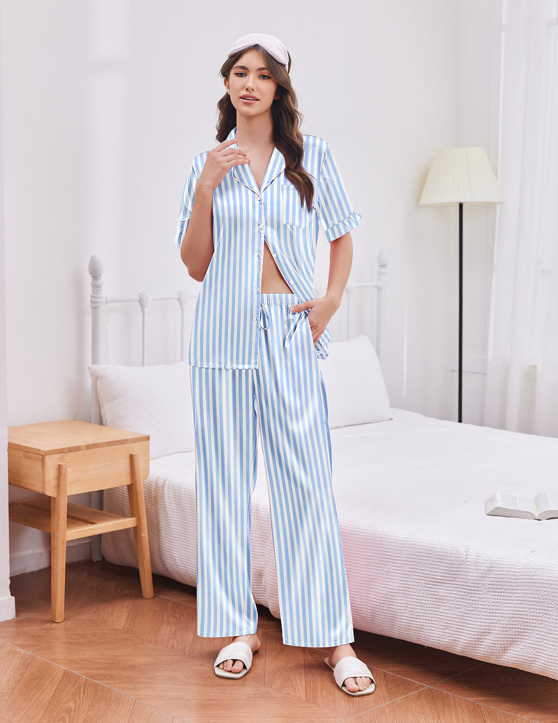 Light blue striped satin pajama set with short-sleeve button top and wide-leg pants