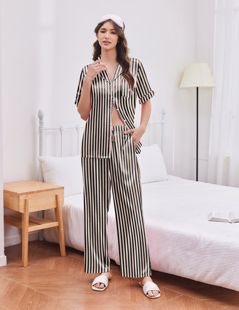 Black-and-white striped satin pajama set with button top and wide-leg pants