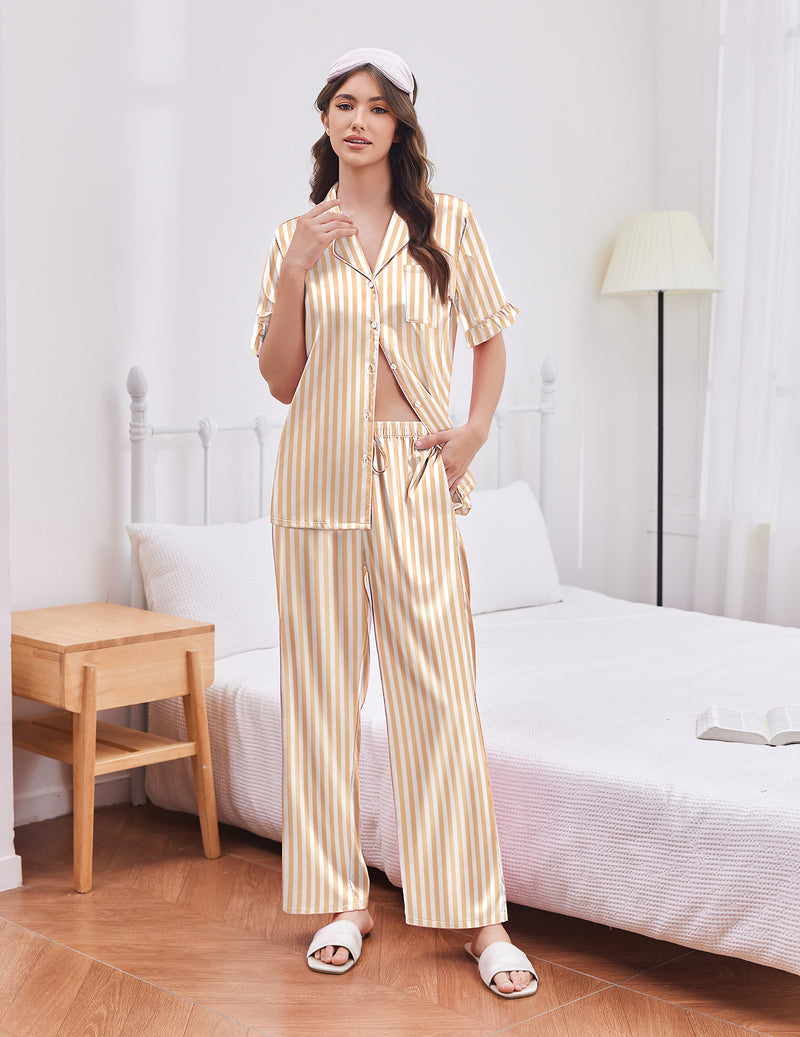 Champagne striped satin pajama set with short-sleeve button top and wide-leg pants