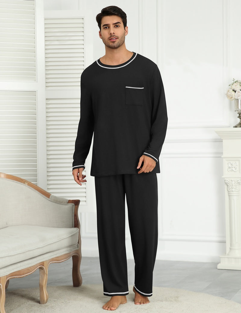 Men's long-sleeve pajama set in black with chest pocket and elastic waist pants