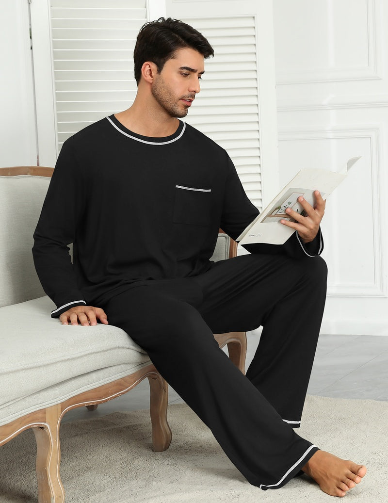 Men's long sleeve pajama set in black, relaxed fit shirt with pocket and cuffed pants