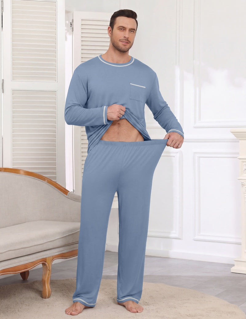 Men's long sleeve pajama set in light blue, crewneck shirt with pocket and elastic waist pants
