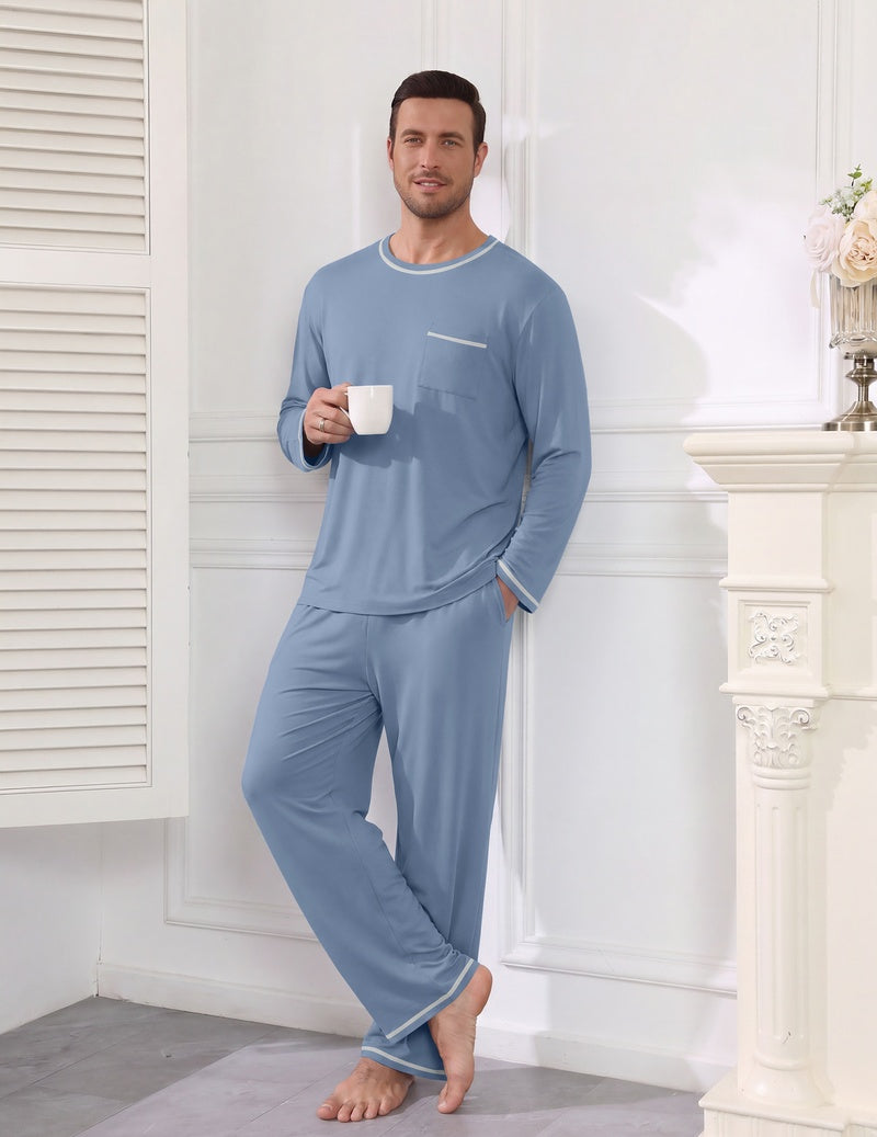 Men's long sleeve pajama set in light blue, long-sleeve top with pocket and matching pants