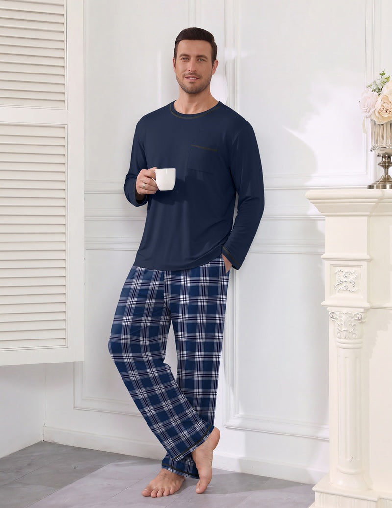 Men's long sleeve pajama set in dark blue, top with pocket and plaid elastic waist pants