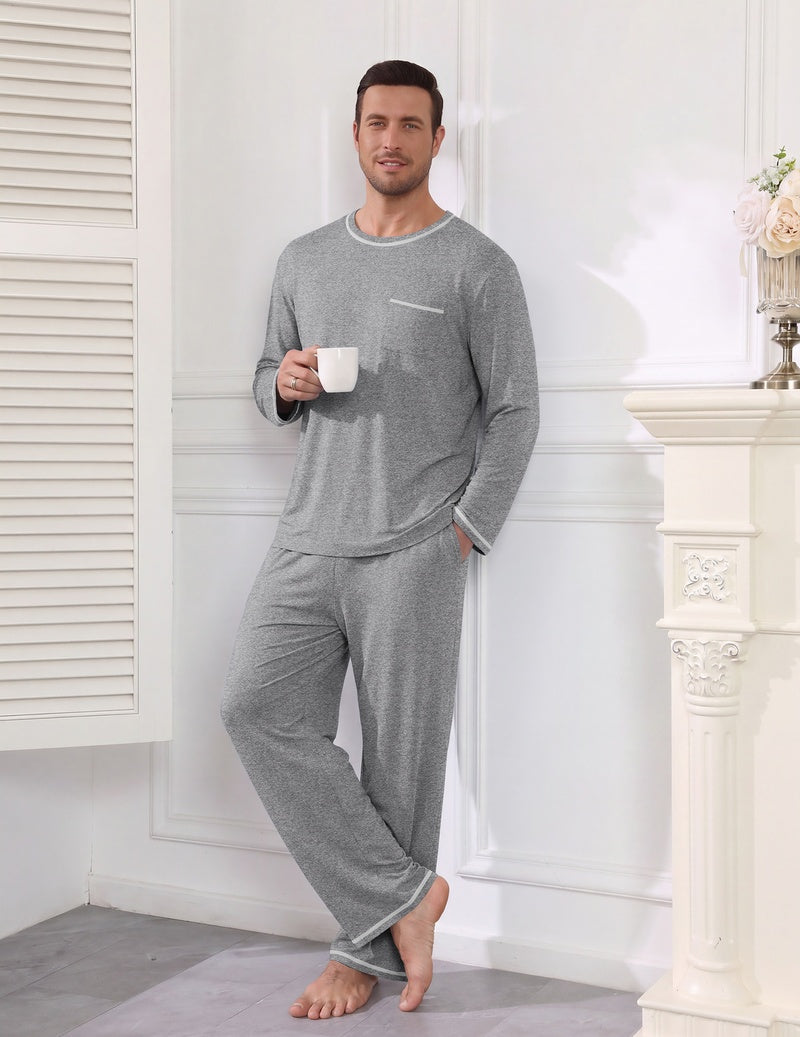 Men's long sleeve pajama set in grey, long-sleeve top with pocket and elastic waist pants