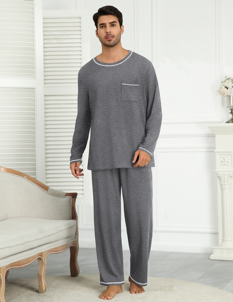 Men's long sleeve pajama set in grey, crewneck top with pocket and matching elastic waist pants