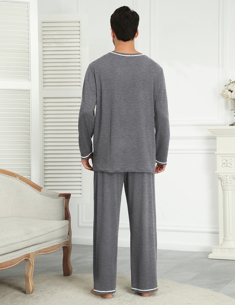 Men's long sleeve pajama set in grey, back view of long-sleeve top and matching pants