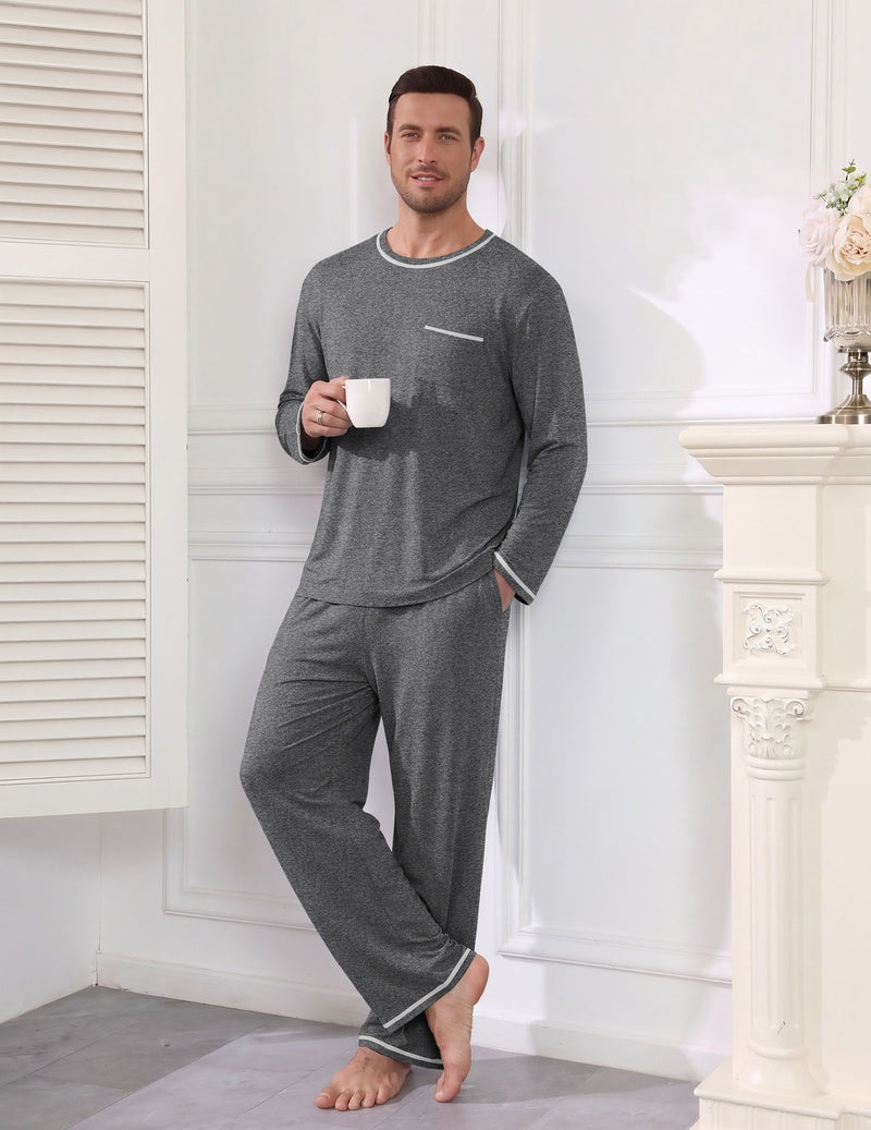 Men's long sleeve pajama set in grey, long-sleeve shirt with pocket and elastic waist pants