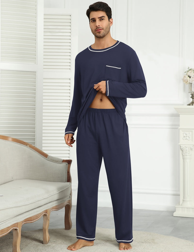 Men's long sleeve pajama set in navy, crewneck shirt with pocket and elastic waist pants