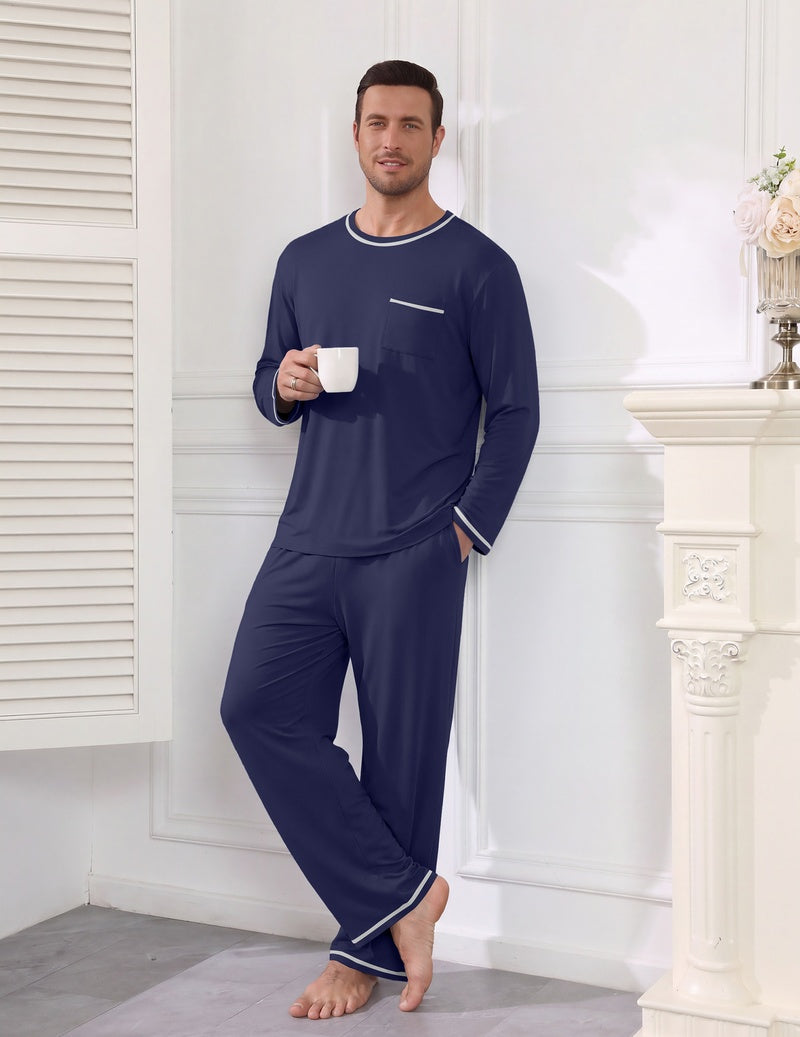 Men's navy long-sleeve pajama set with pocket tee and plaid elastic waist pants