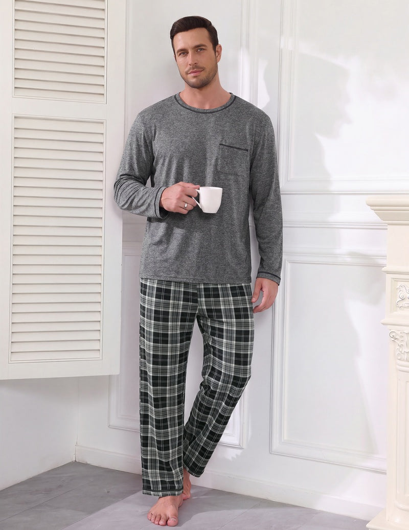 Men's grey long-sleeve pajama set with chest pocket tee and plaid elastic waist pants