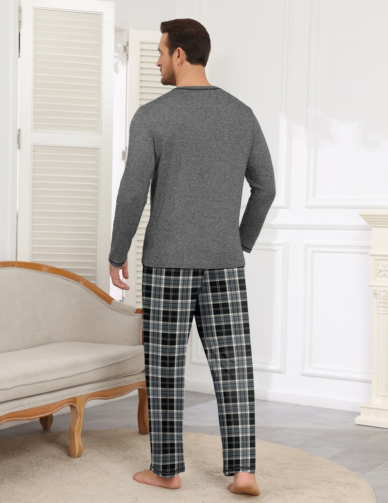 Men's grey long-sleeve pajama set from back view with plaid elastic waist pants
