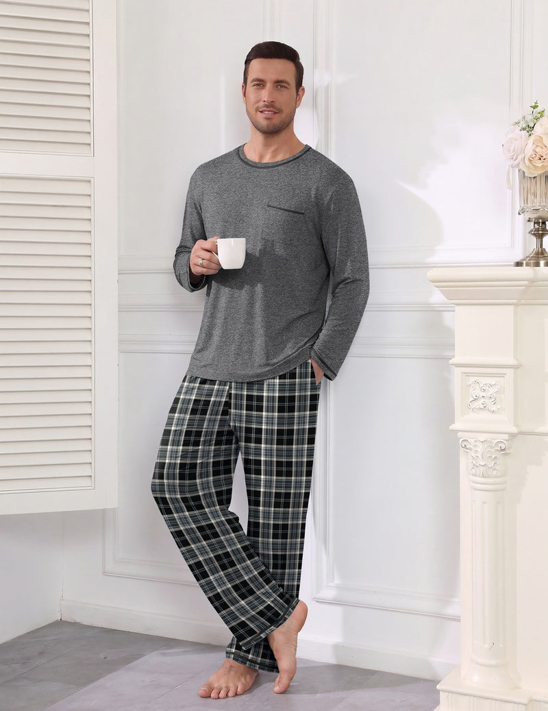 Men's grey long-sleeve pajama set with front pocket tee and plaid elastic waist pants