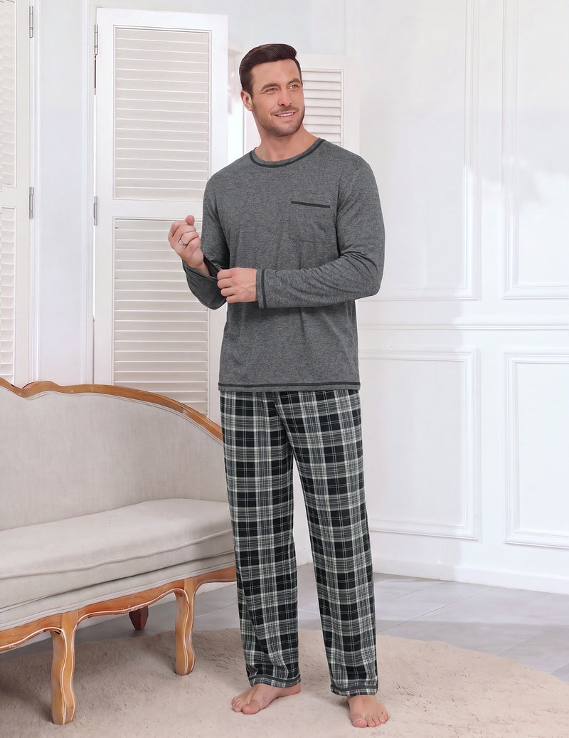 Men's grey long-sleeve pajama set with crew neck tee and plaid elastic waist pants