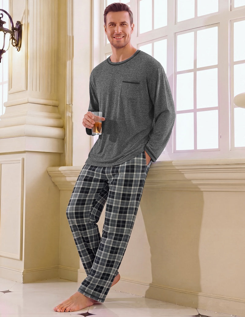 Men's grey long-sleeve pajama set with chest pocket tee and plaid elastic waist pants