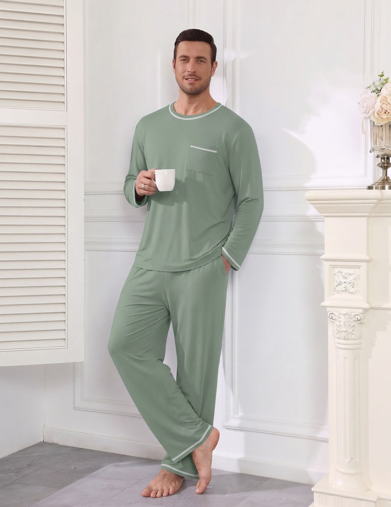 Men's sage green long-sleeve pajama set with pocket tee and plaid elastic waist pants