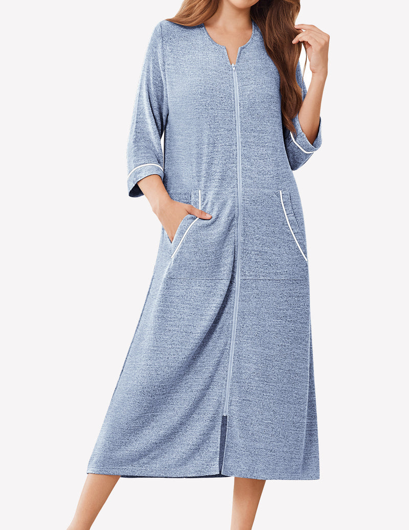 Zipper Robes 3/4 Sleeve Bathrobe Lightweight House Coats