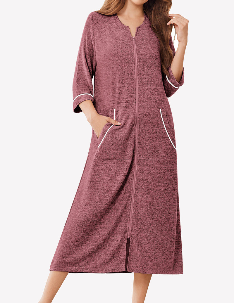 Zipper Robes 3/4 Sleeve Bathrobe Lightweight House Coats