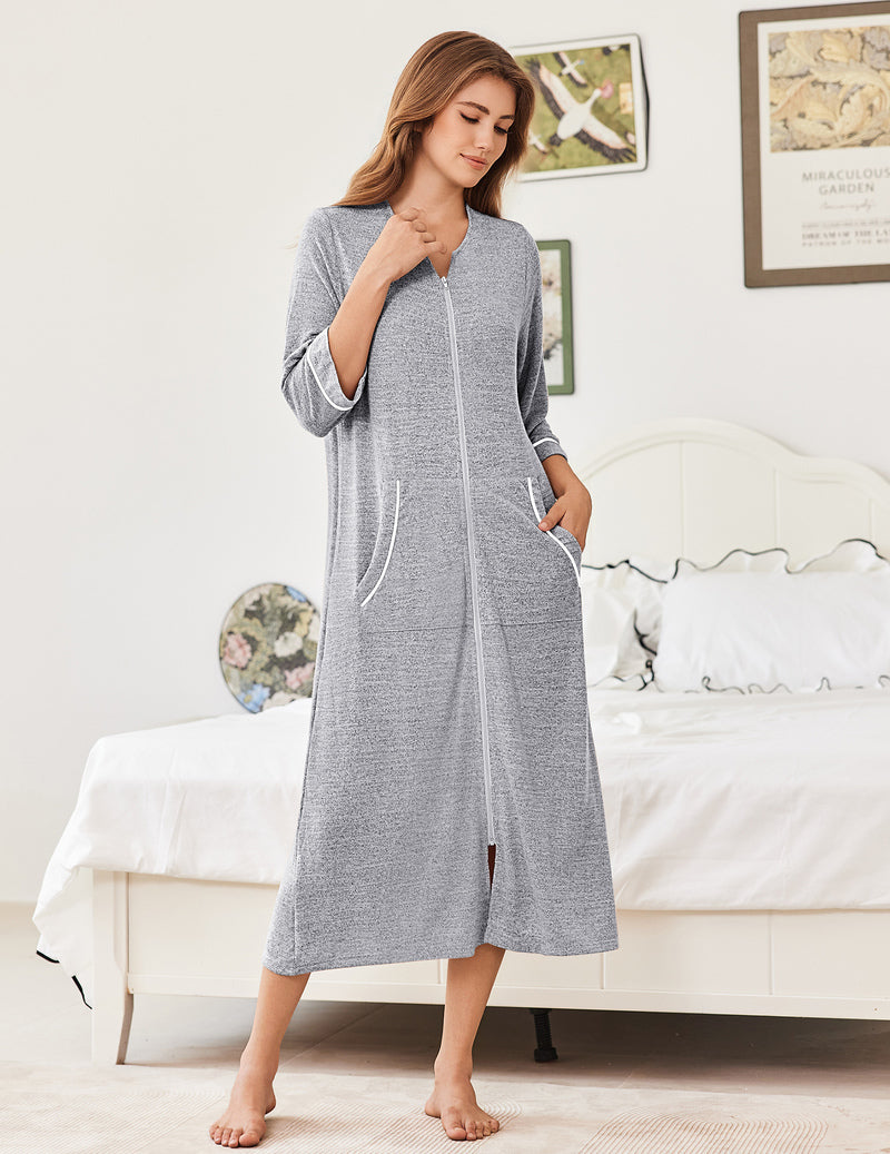 Zipper Robes 3/4 Sleeve Bathrobe Lightweight House Coats