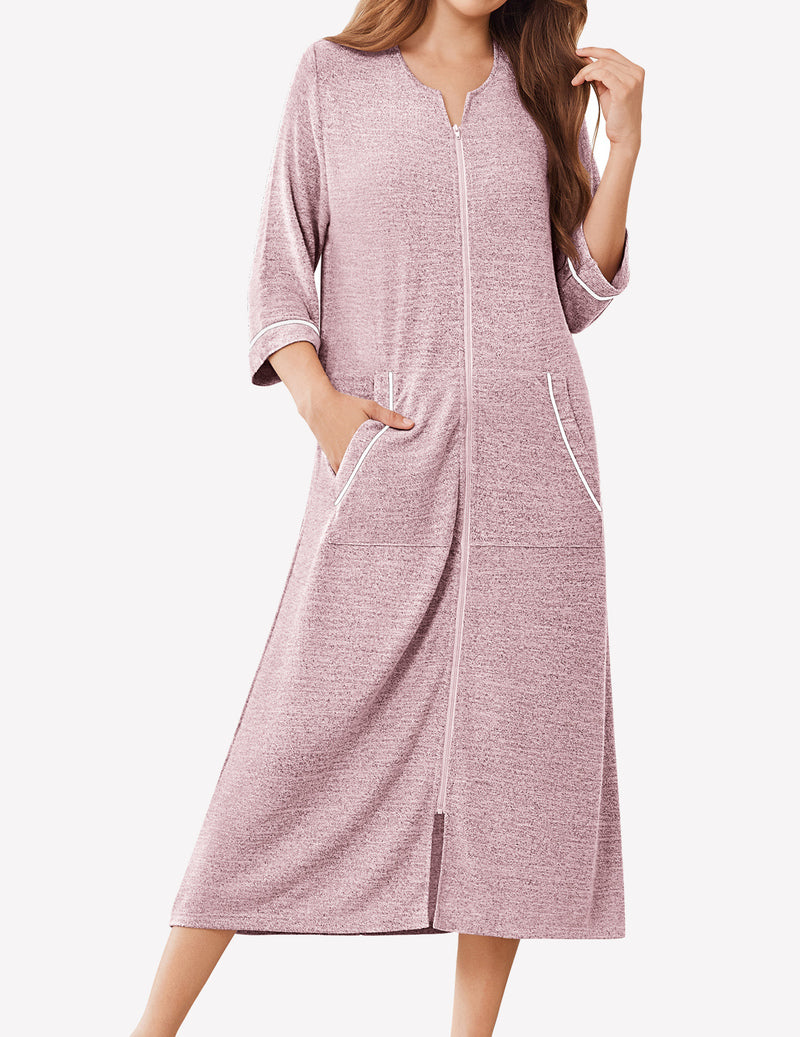 Zipper Robes 3/4 Sleeve Bathrobe Lightweight House Coats