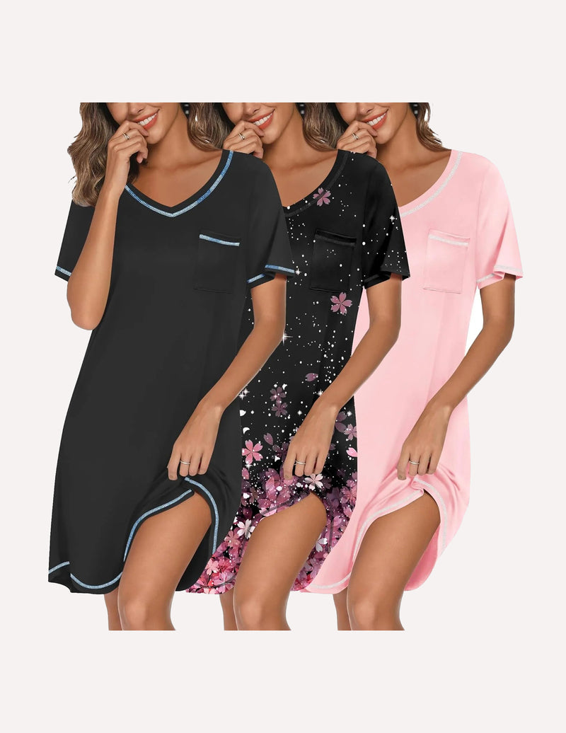 3 Pack Women Short Sleeve NightGown V Neck Soft Dress
