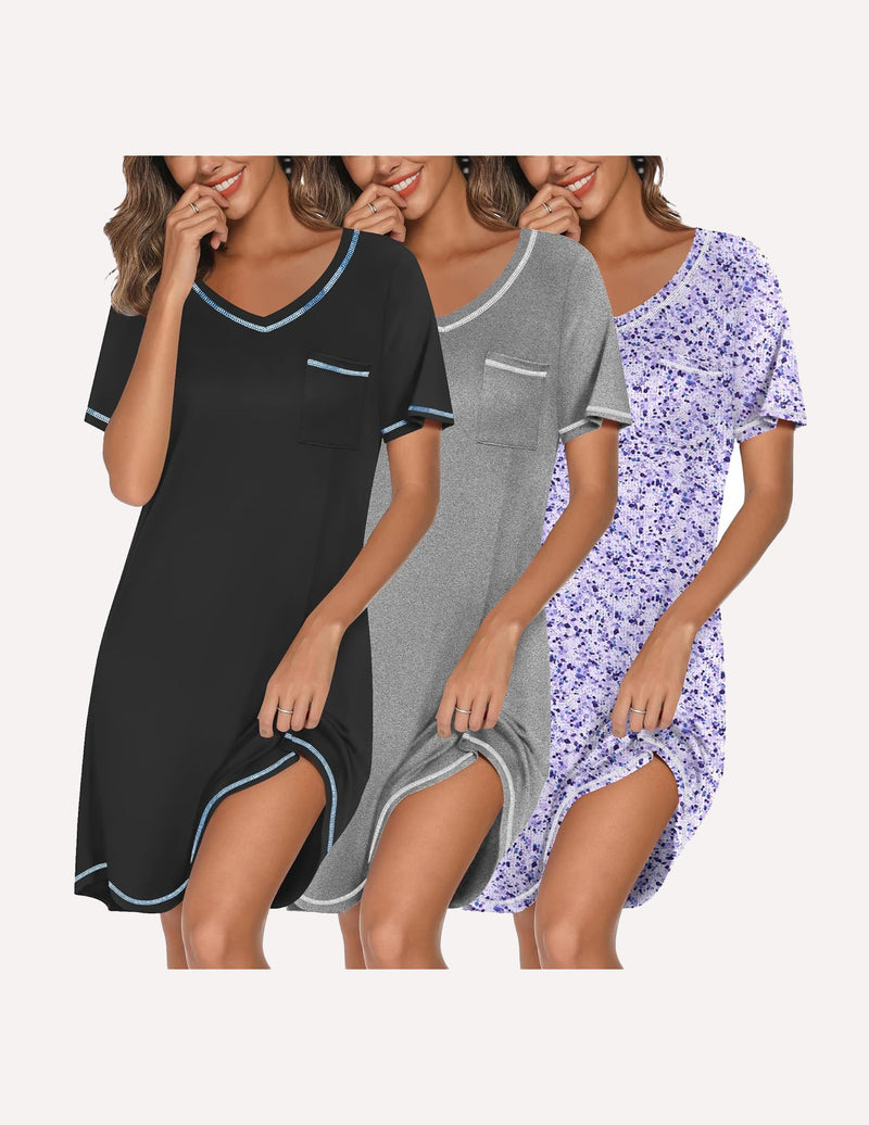 3 Pack Women Short Sleeve NightGown V Neck Soft Dress