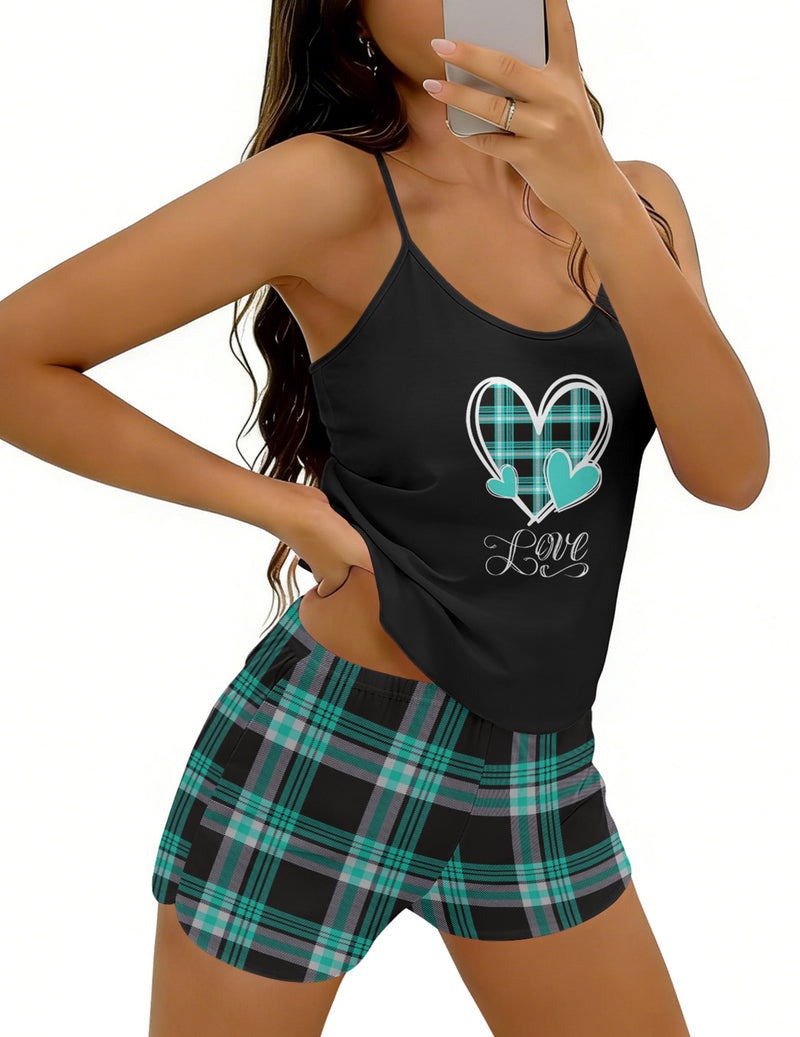 Cami pajama set with black criss-cross back top and teal plaid shorts, love graphic
