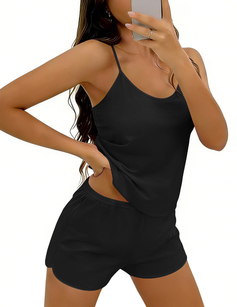 Cami pajama set with black criss-cross back top and matching black shorts
