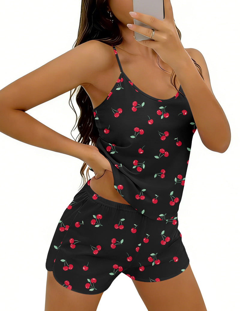 Cami pajama set with black top and red cherry print, matching black shorts