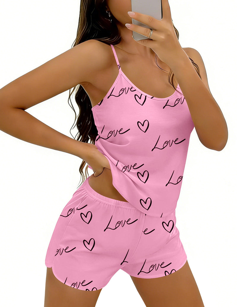 Pink cami pajama set with criss-cross back, Love-heart print shorts