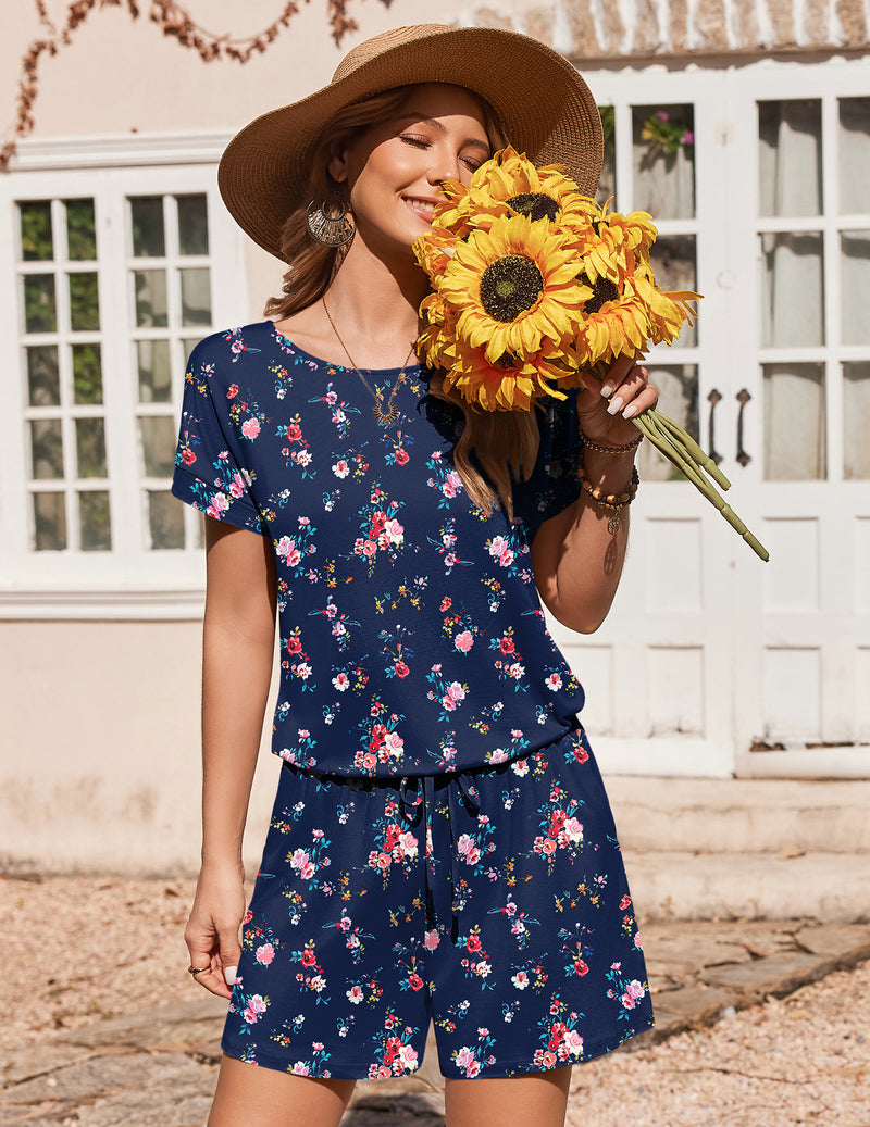 Navy floral short romper with drawstring waist and round neckline