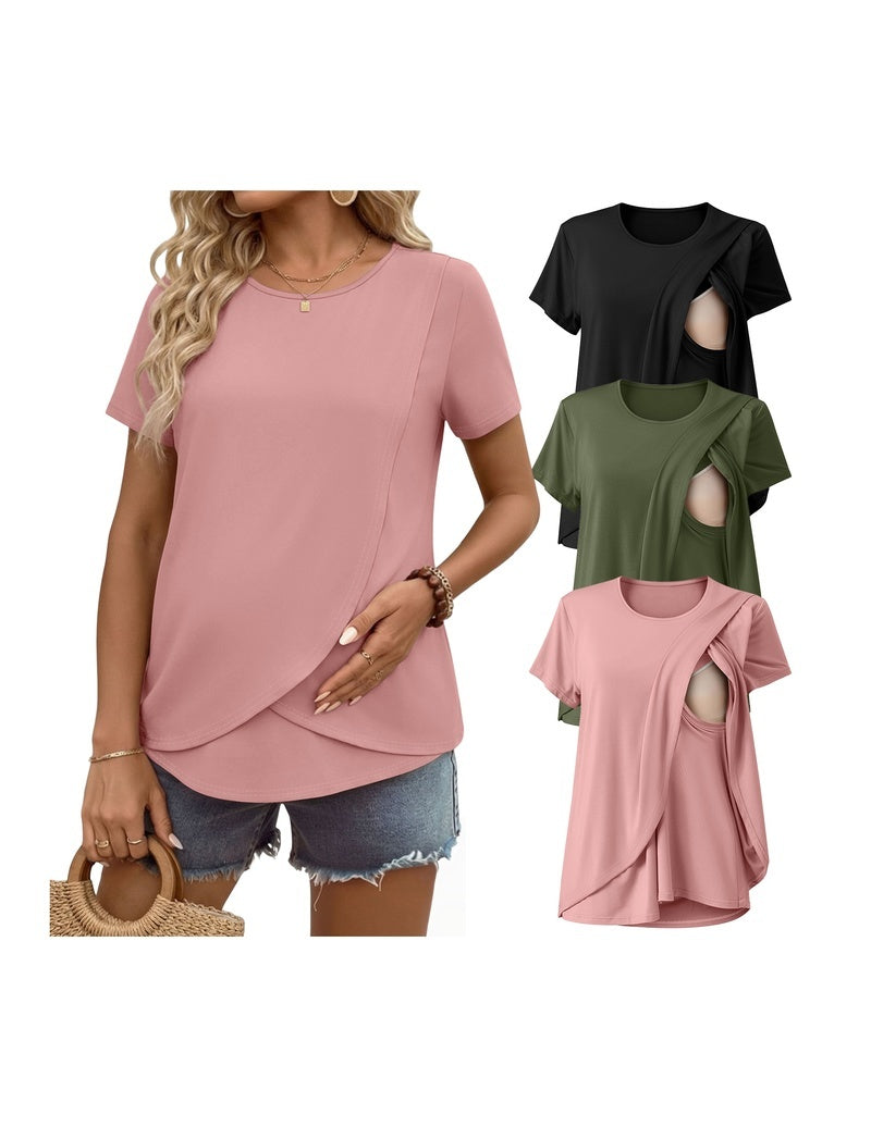 Double-layer nursing top, short sleeves, pink with side drape and hidden nursing access