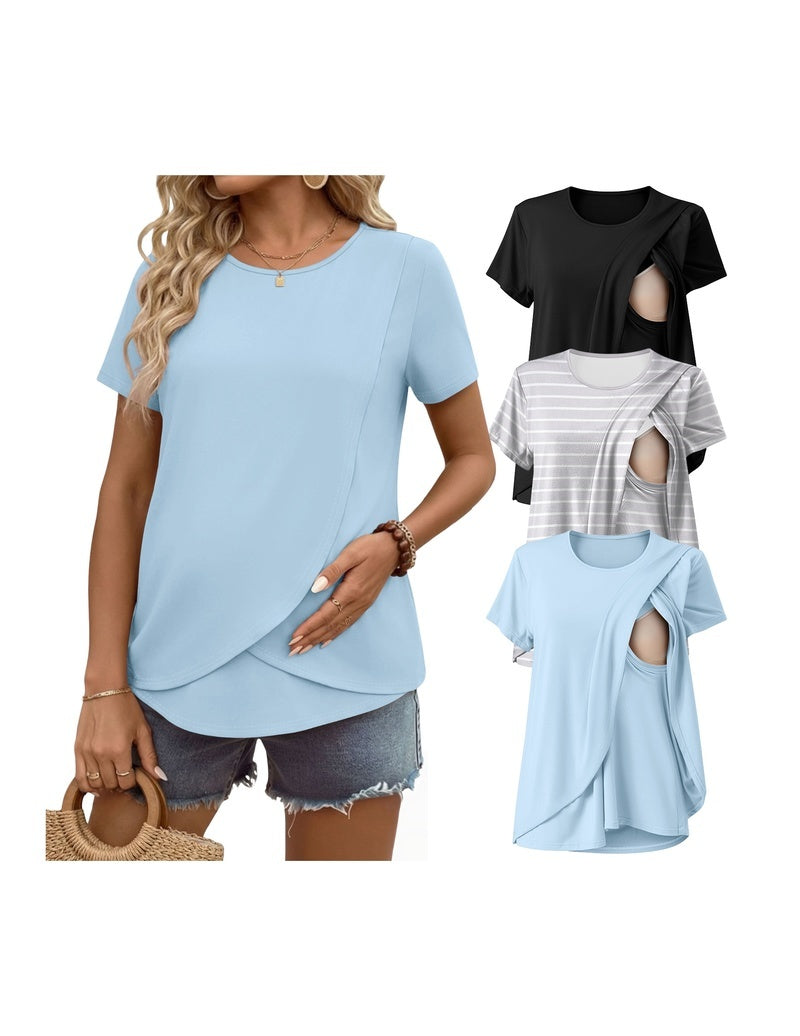 Double-layer nursing top, short sleeves, light blue with side drape and nursing access