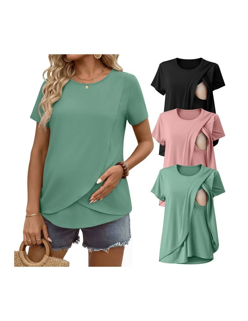 Double-layer nursing top, short sleeves, green with side drape and hidden nursing opening